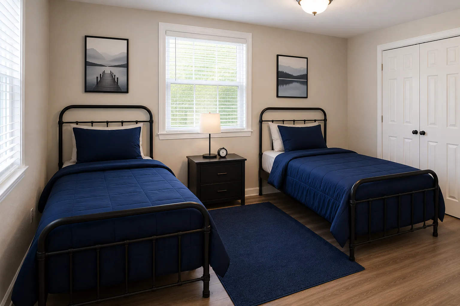 A clean and bright bedroom in a suburban home featuring two identical twin-sized beds with simple navy blue bedding and wooden bed frames