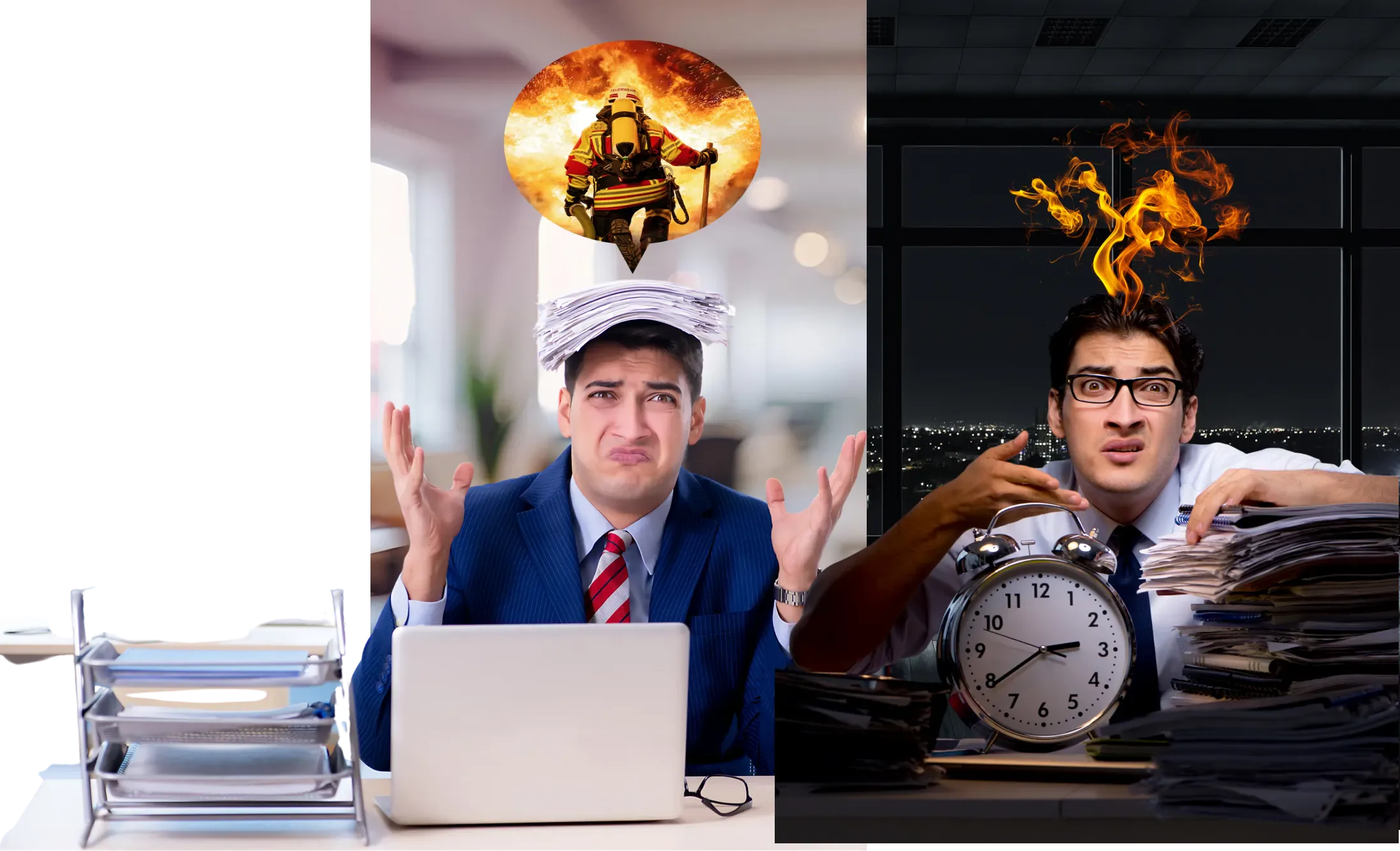 Overwhelmed professionals in firefighting mode at work