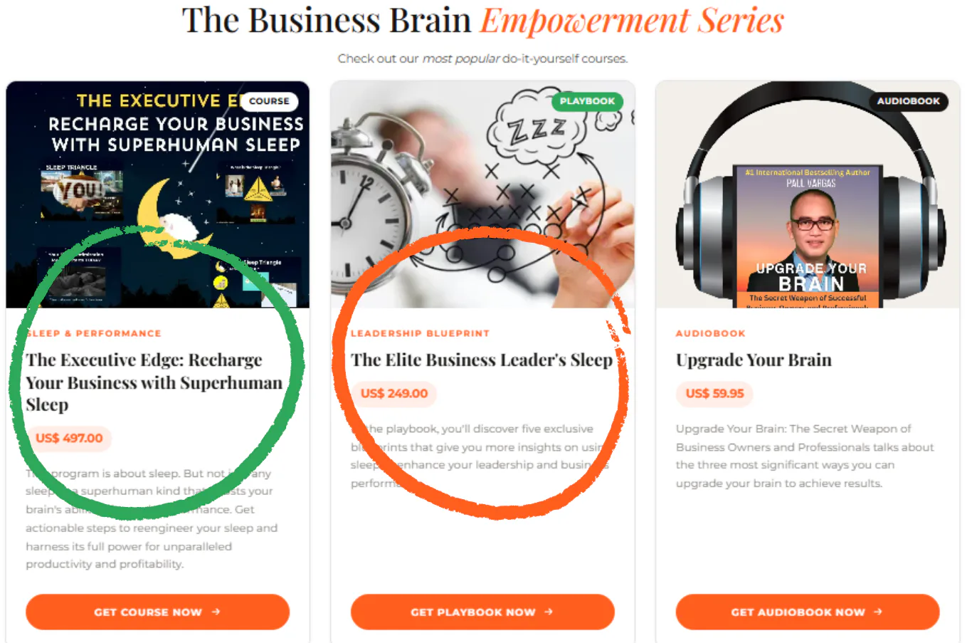 The Business Brain Empowerment Series — The Executive Edge and The Elite Business Leader's Sleep Playbook shown on the website