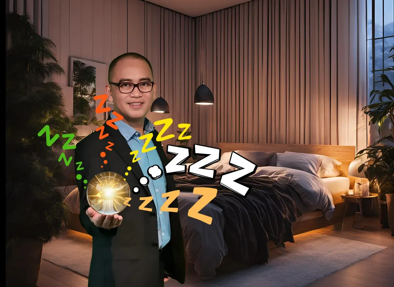 Paul Vargas in a peaceful bedroom setting, representing restful sleep