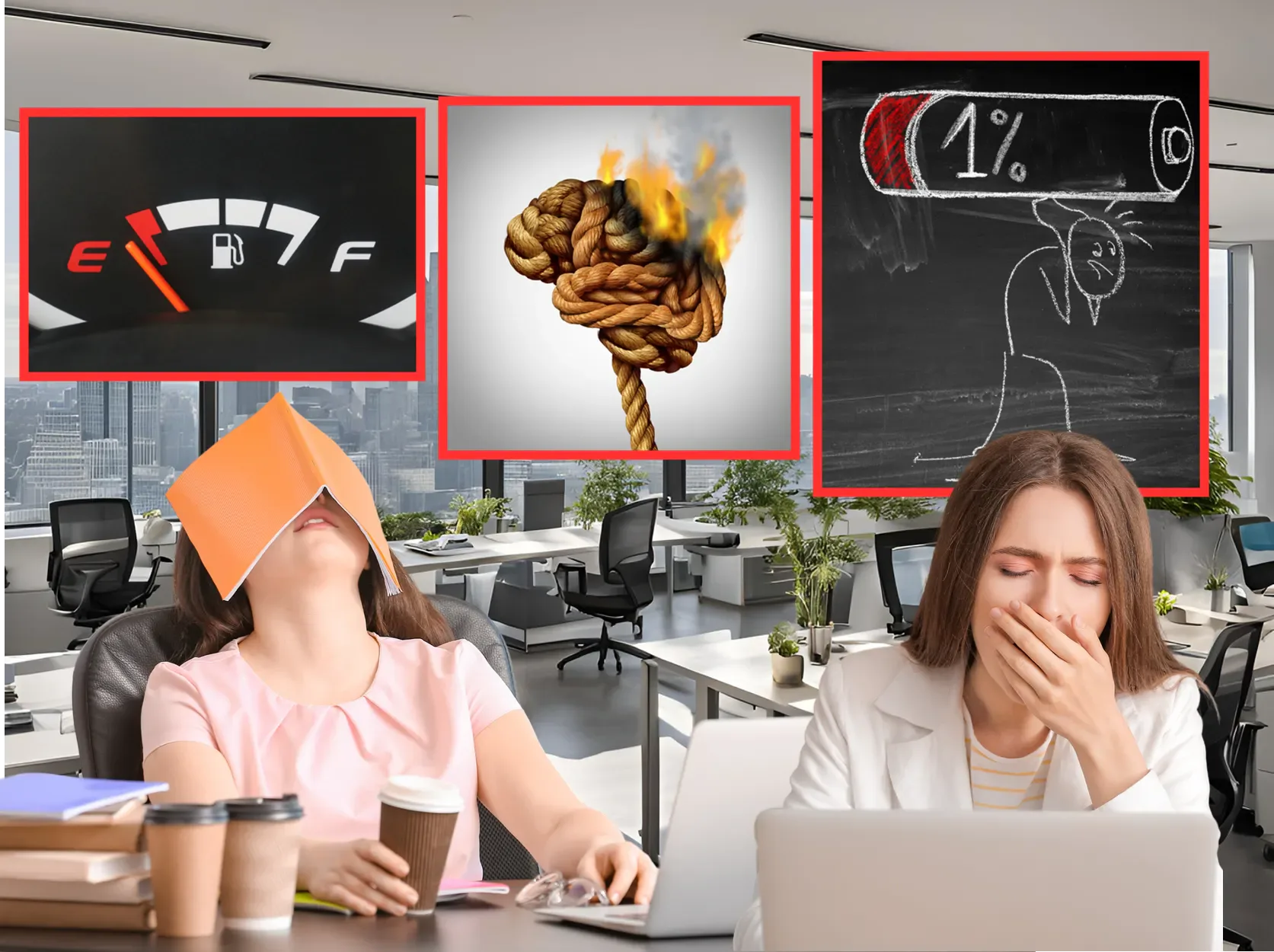 Burned-out professionals at their desks, illustrating running on empty