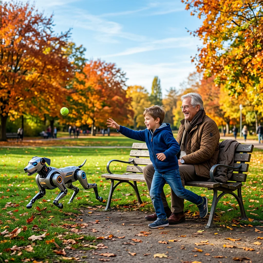 An older adult and child playing in a park with a robot companion dog