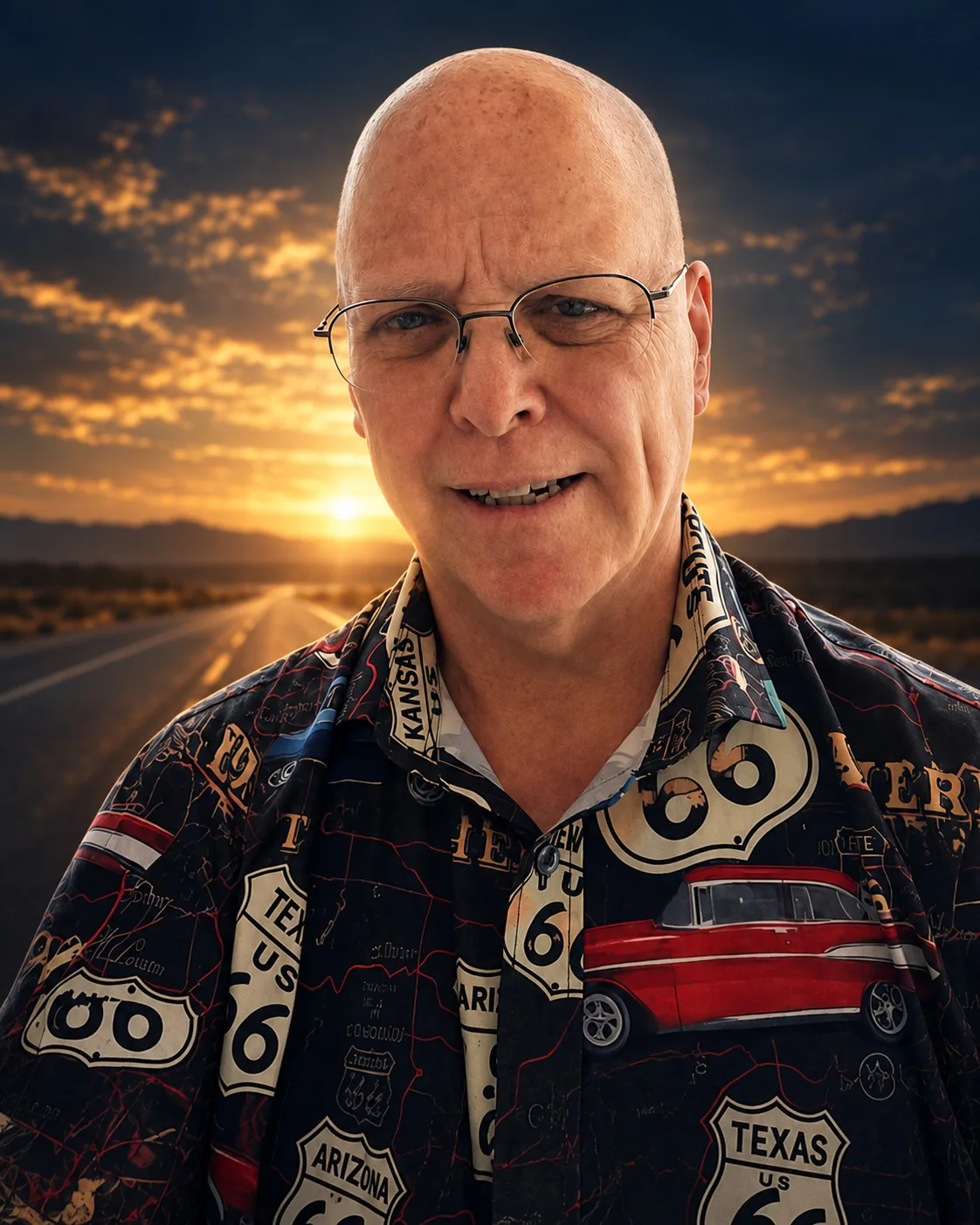 Jeff Mays in a Route 66 shirt, standing on an open highway at sunrise