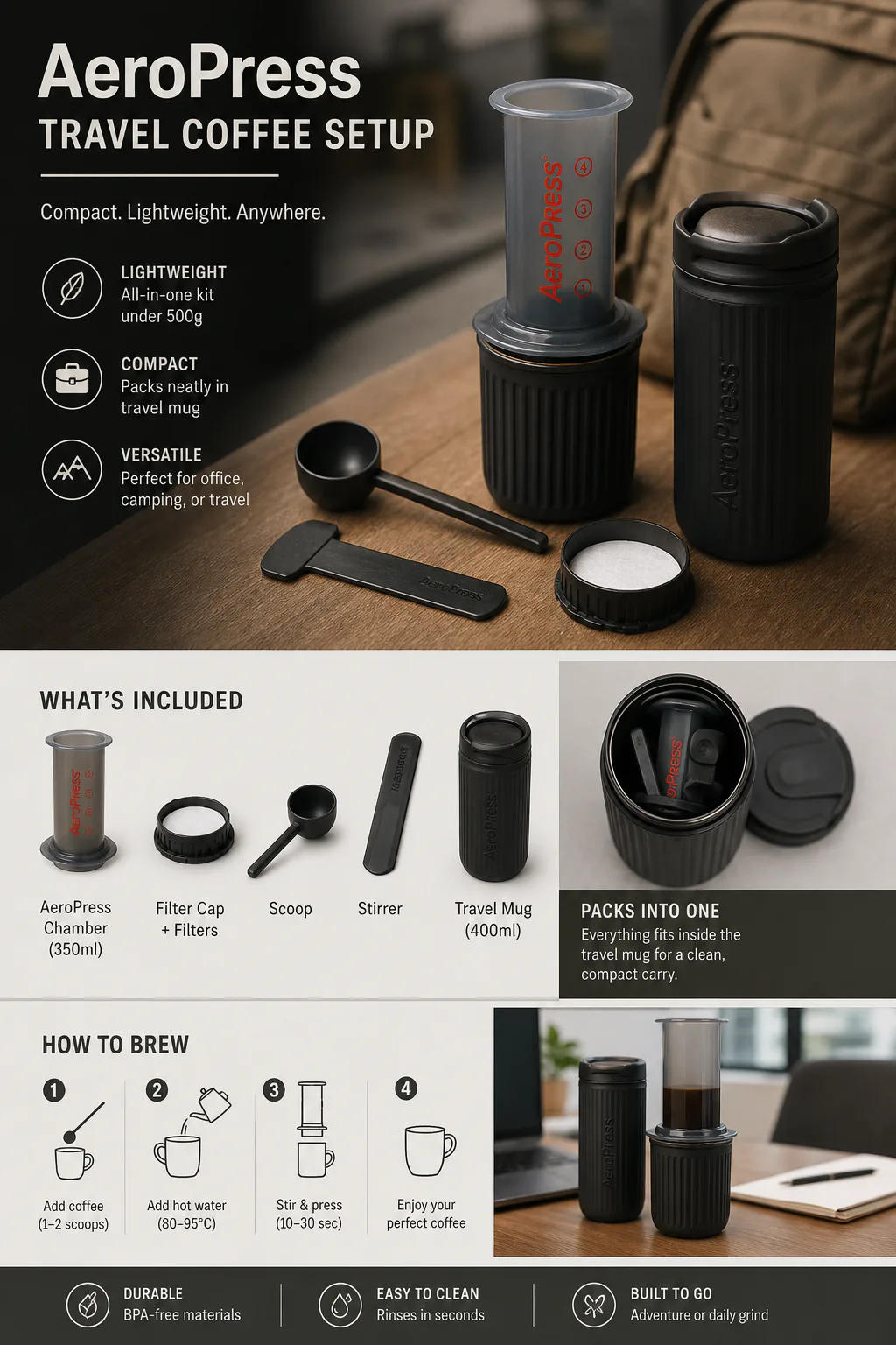 Compact AeroPress travel coffee setup for office or camping use