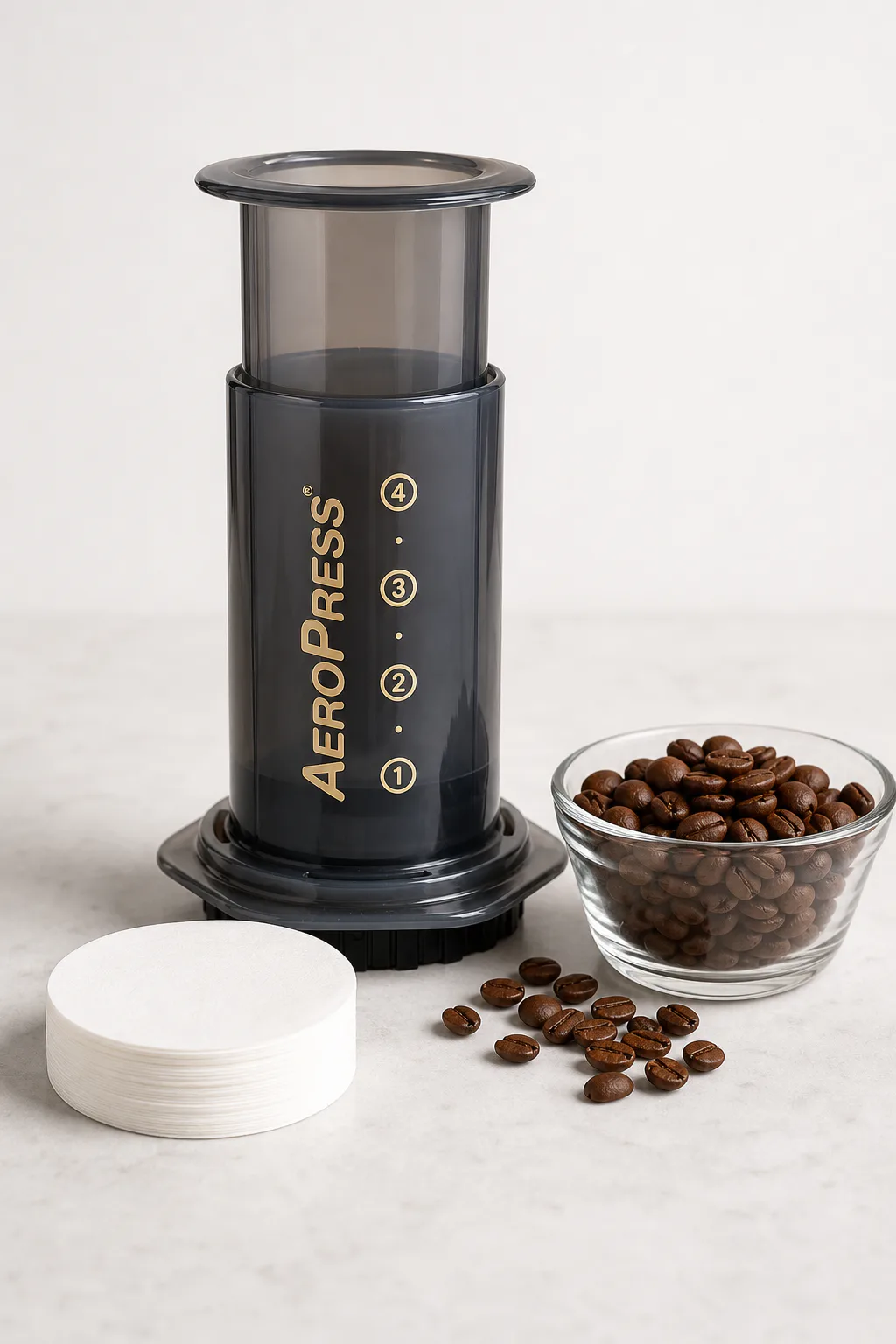 AeroPress Original coffee press beside beans and filters on a clean surface