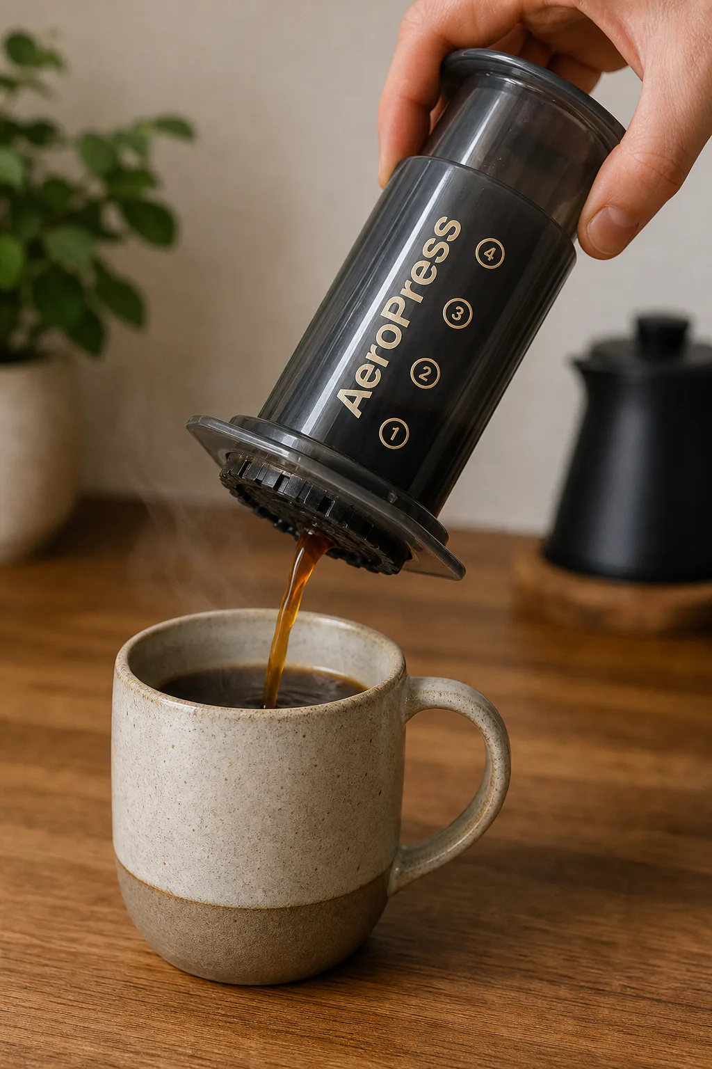 Smooth brewed coffee poured from AeroPress Original into a ceramic mug