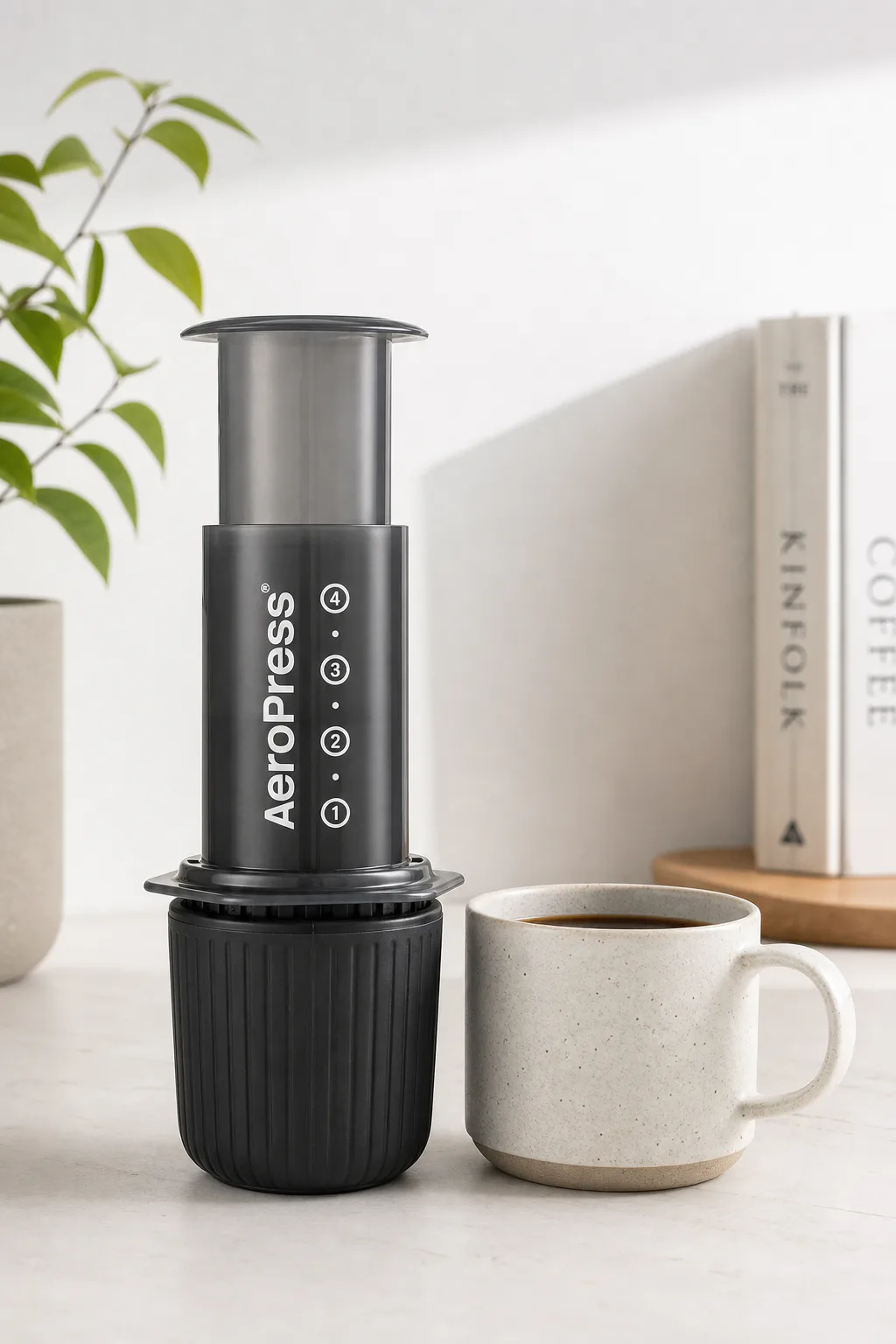 Portable AeroPress Original brewer with coffee mug in a bright minimalist setting