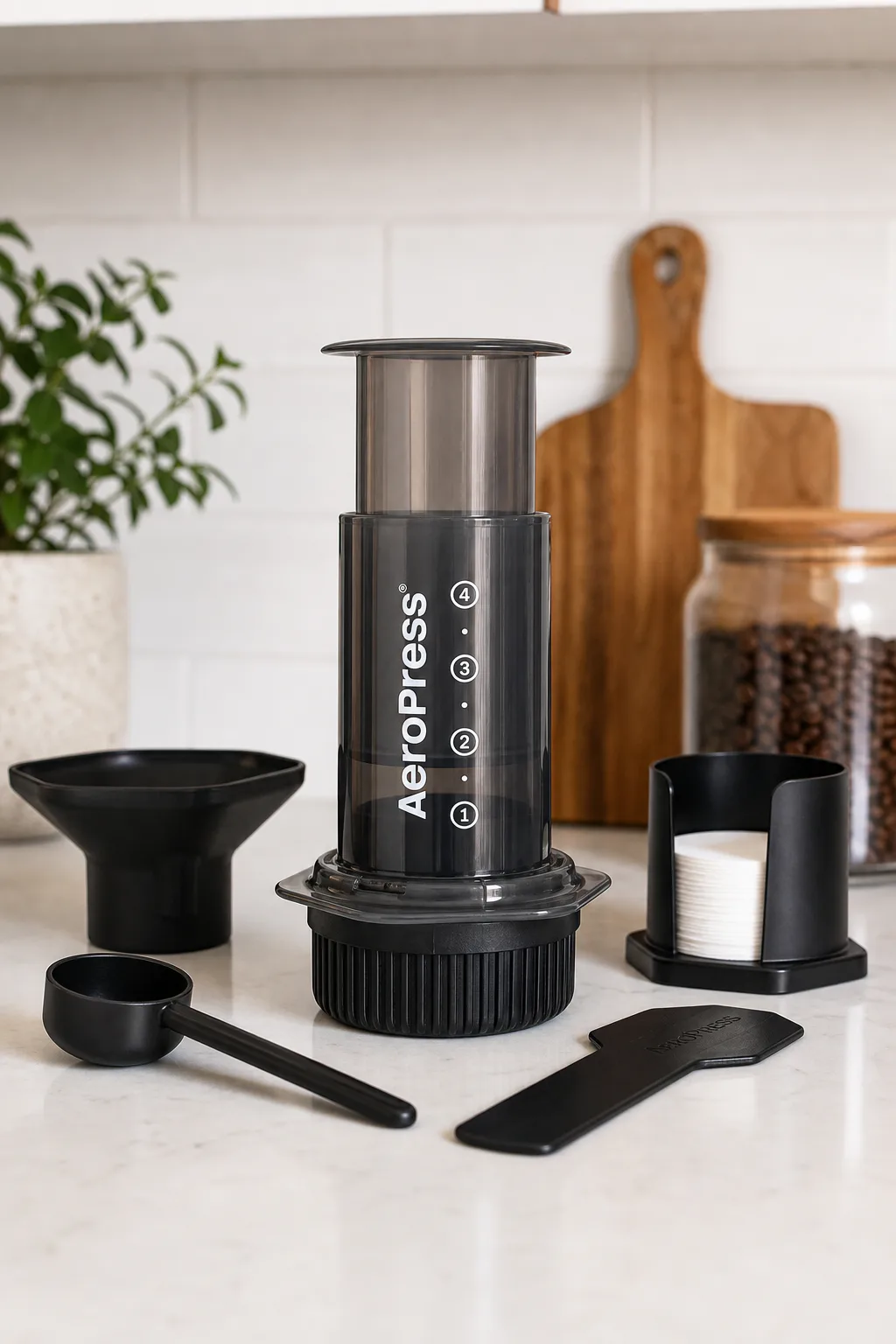 AeroPress Original all-in-one manual coffee maker on a clean kitchen counter