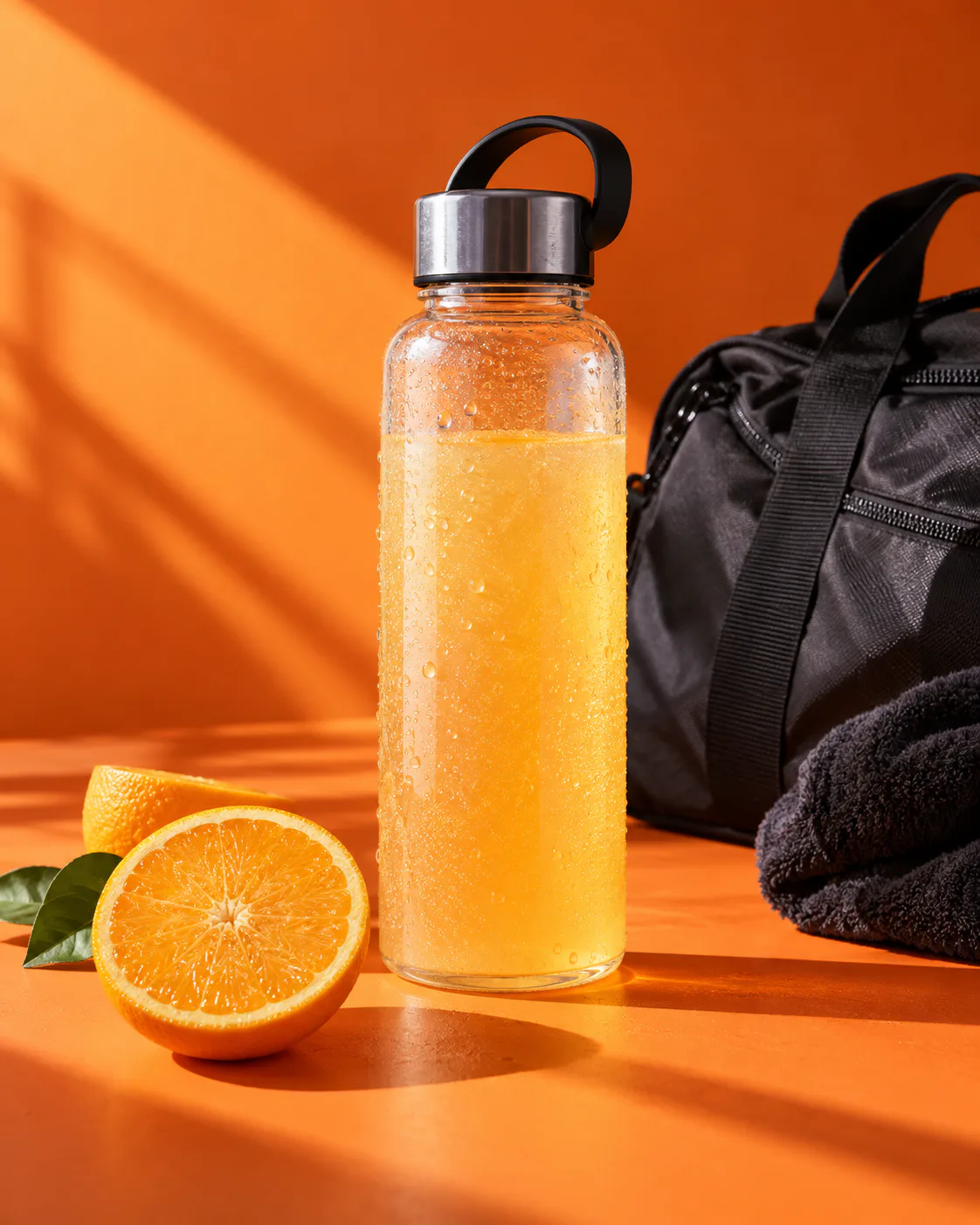 Illustrative citrus drink beside an athletic bag on an orange background
