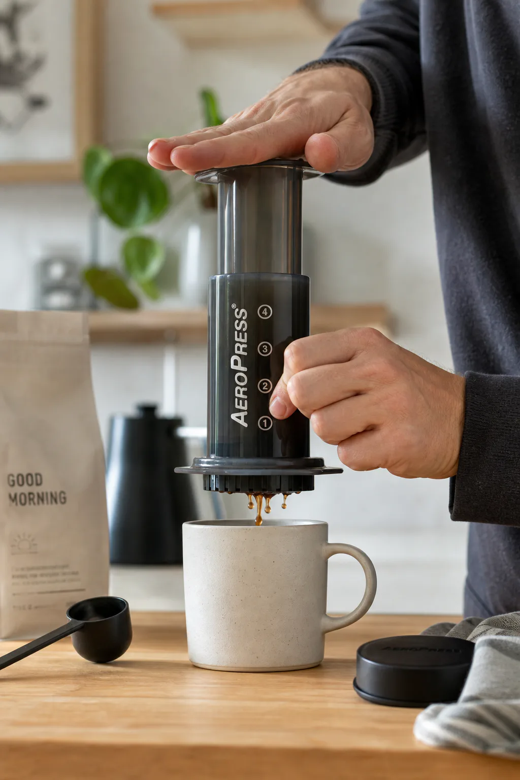 Hands using AeroPress Original for a quick morning coffee routine