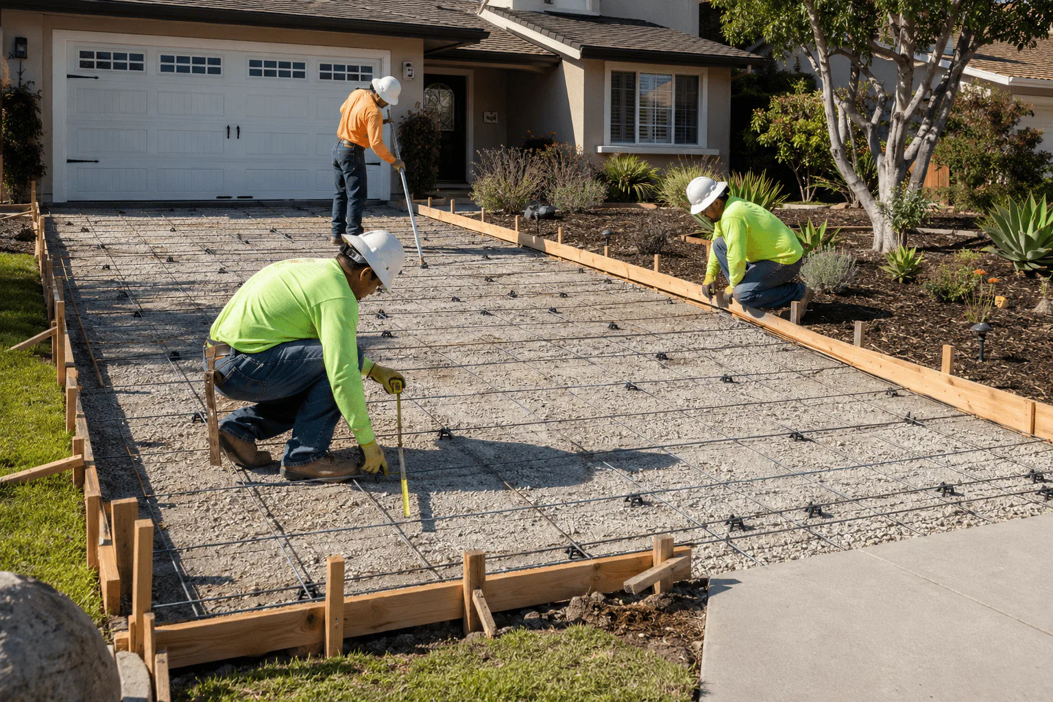 Anaheim concrete driveway prepared with compacted base, forms and reinforcement