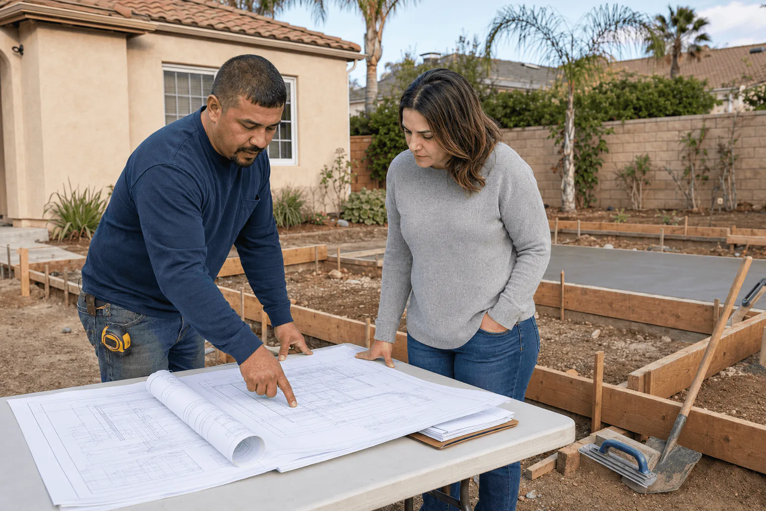 Contractor and property owner reviewing construction plans beside concrete forms