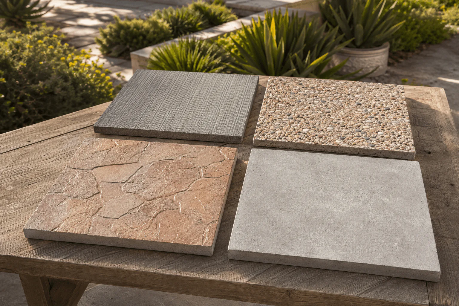 Four distinct concrete finish samples arranged for patio selection