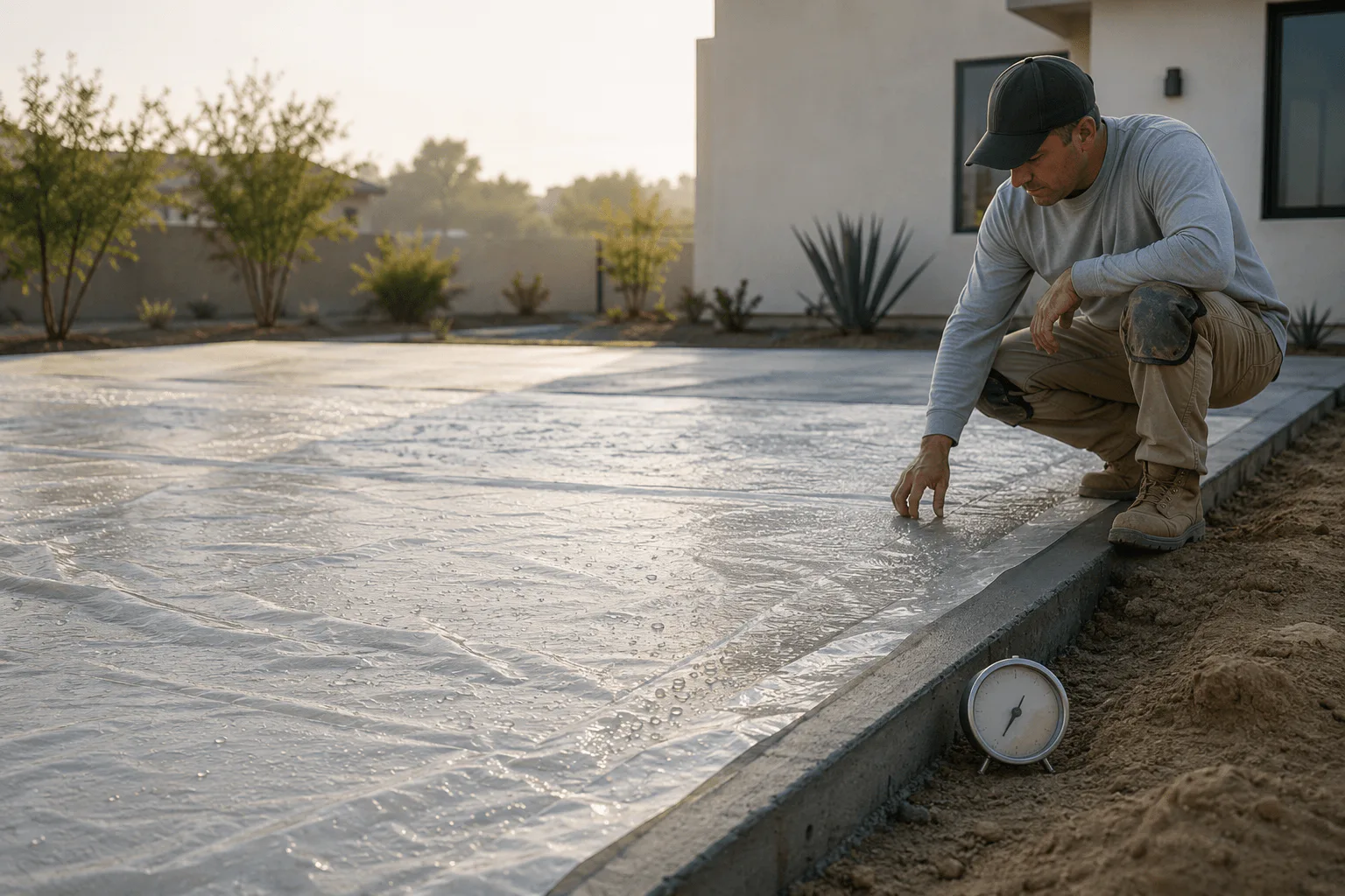 Fresh concrete protected under curing sheeting during inspection