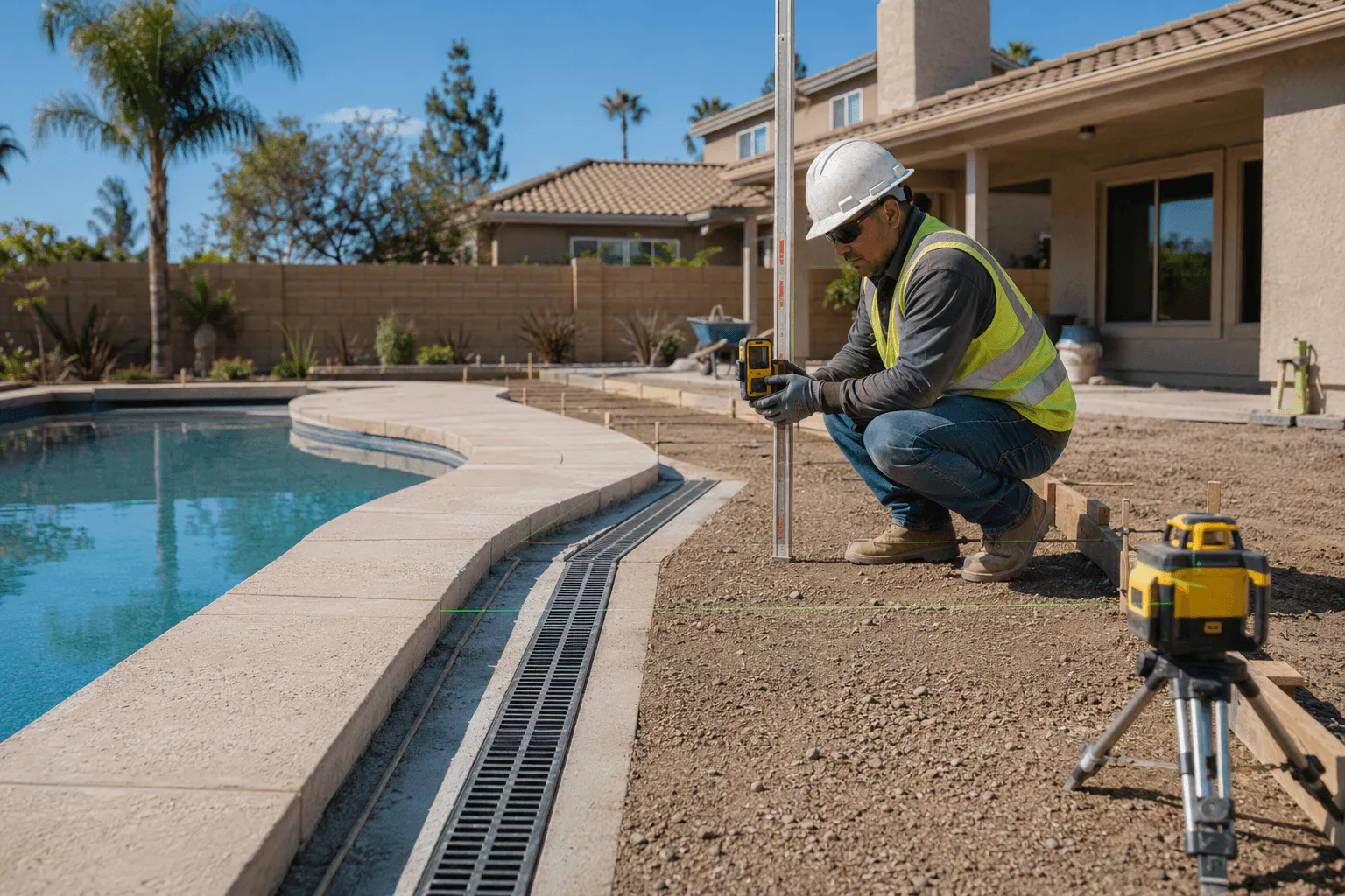 Contractor checking the grade and drainage for a new pool deck