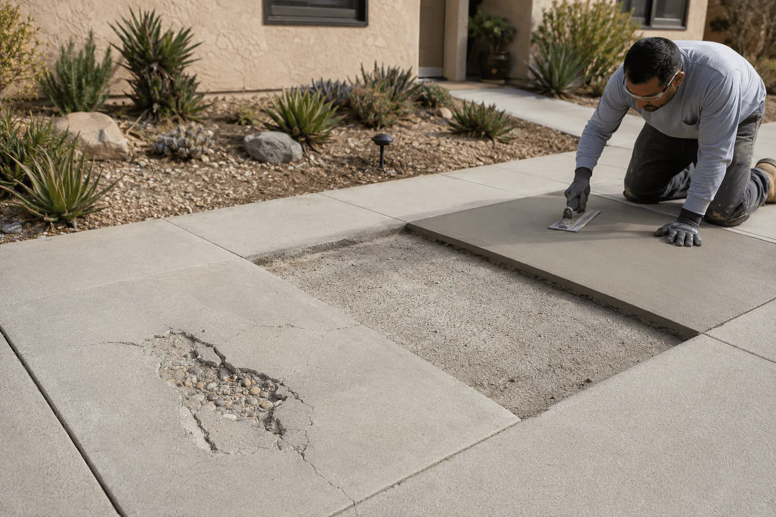 Contractor repairing cracked and spalled concrete walkway panels