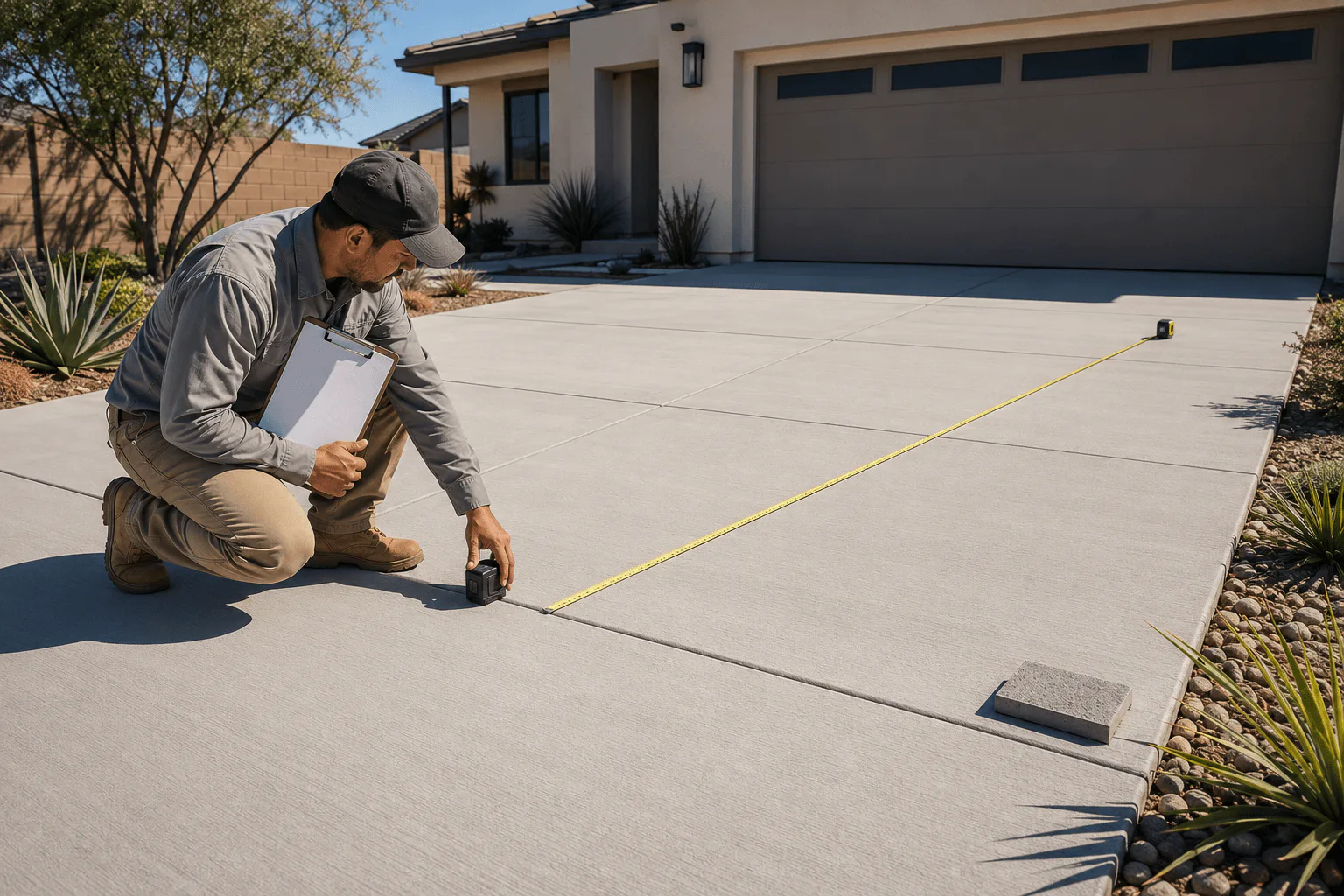 Contractor measuring a completed Anaheim concrete driveway for an estimate