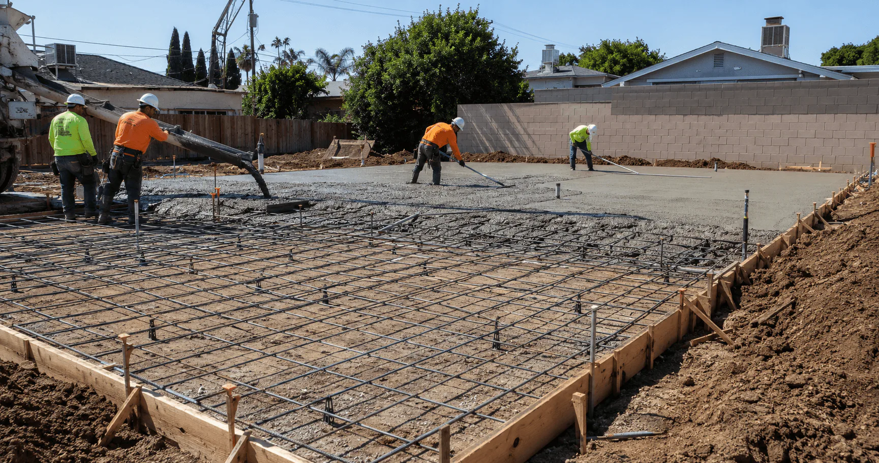 Concrete crew placing a reinforced slab at an Anaheim property