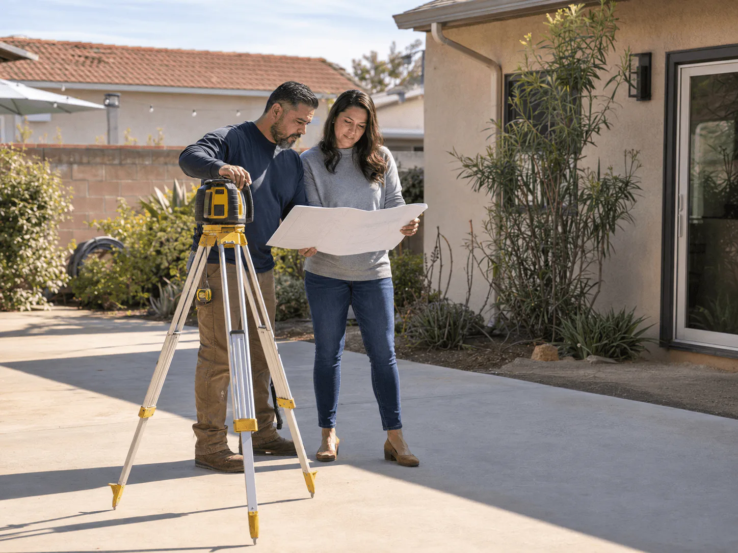 Contractor and homeowner assessing an Anaheim concrete project with plans and a laser level