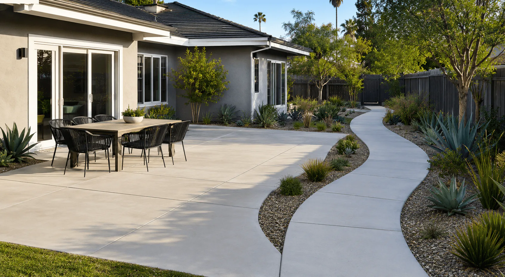 Modern concrete patio and curved walkway at a Garden Grove home