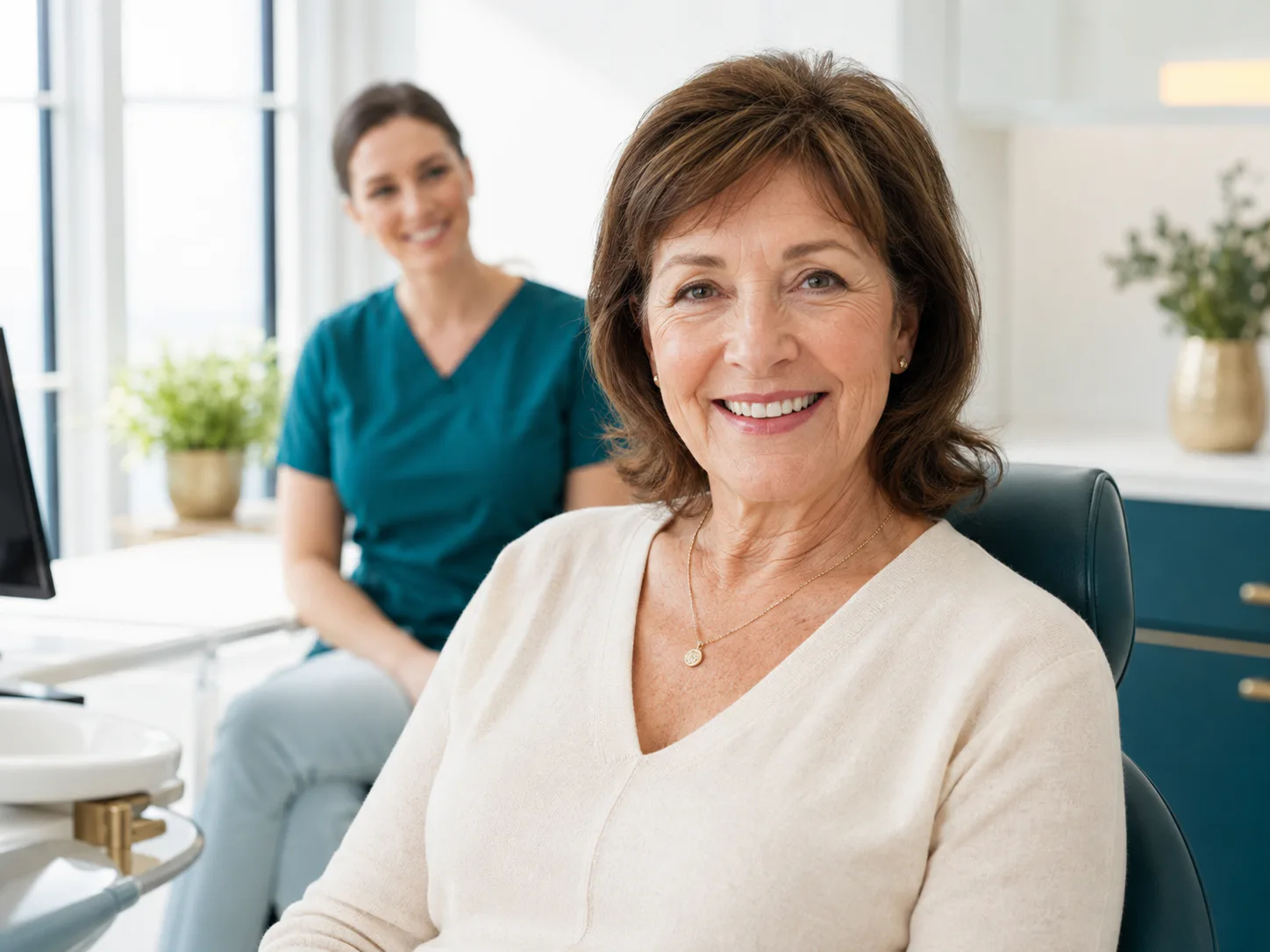 Smiling mature woman discussing dental implant options with a dental professional in Cork