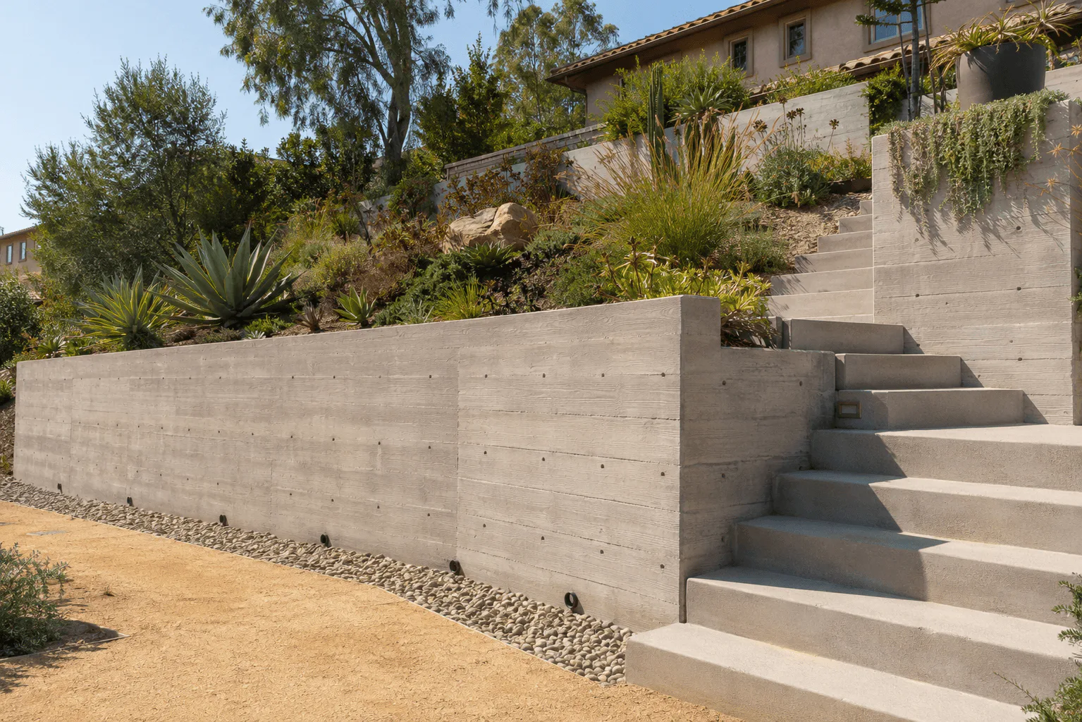 Board-formed concrete retaining wall with integrated steps and drainage in Anaheim