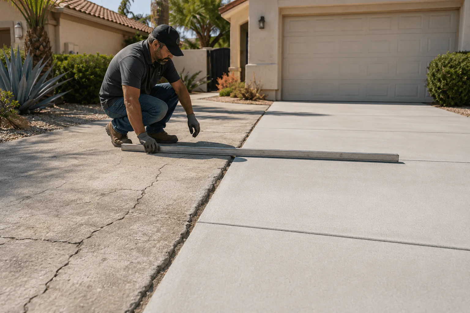 Contractor comparing a cracked driveway panel with sound concrete