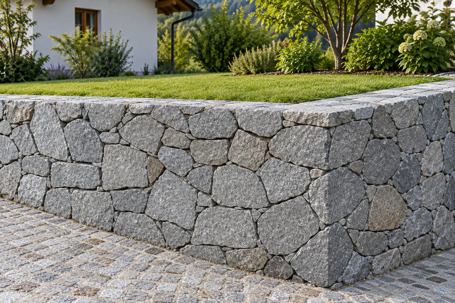 Natursteinmauer aus Bruchstein mit gepflasterter Zufahrt und Carport