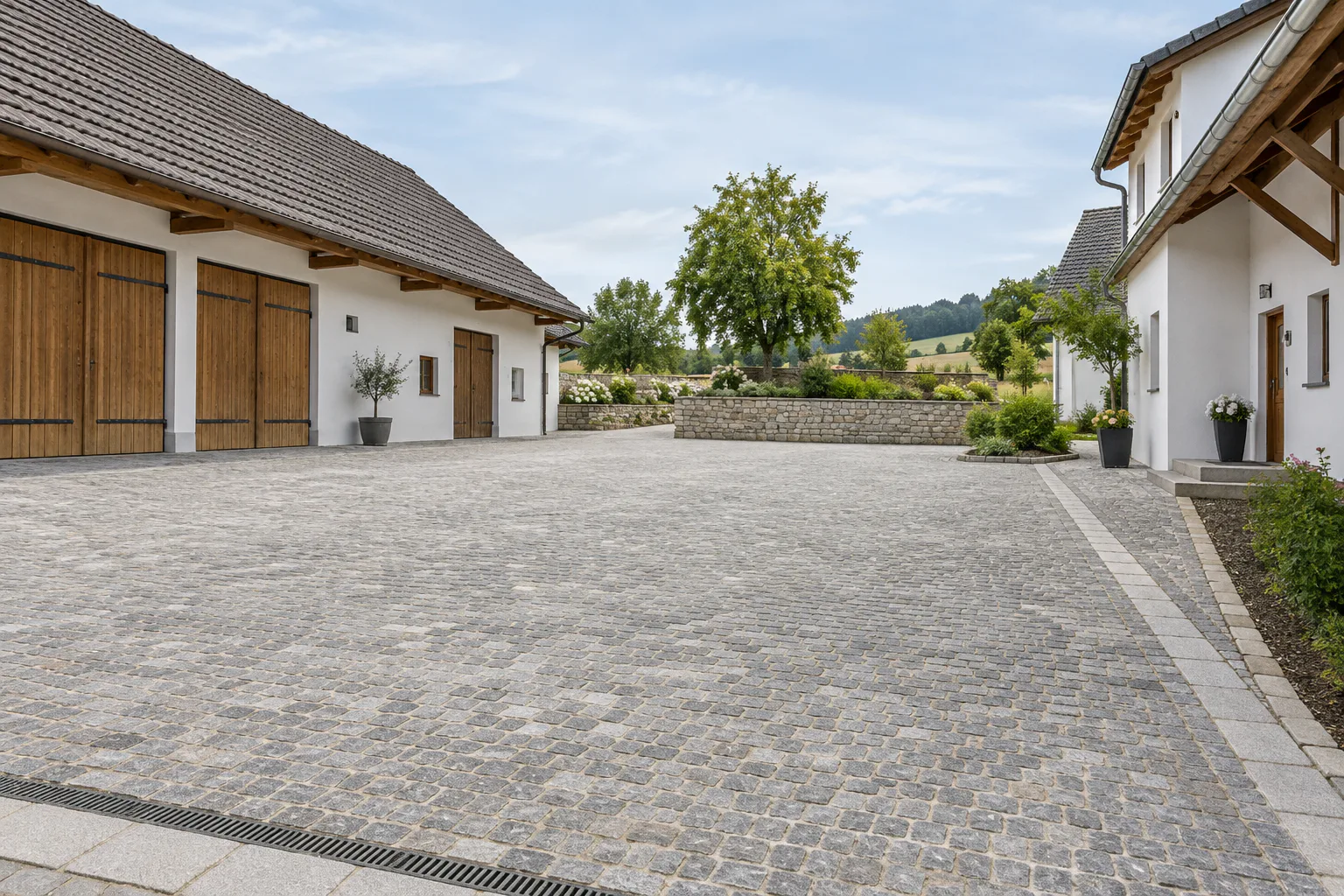Gepflasterter Hofbereich an einem Wohnhaus