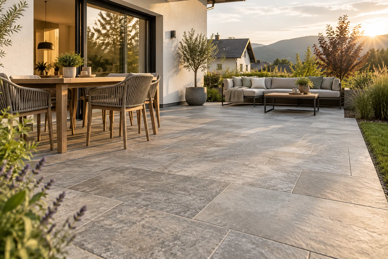 Gepflasterte Terrasse mit Sitzbereich im Garten