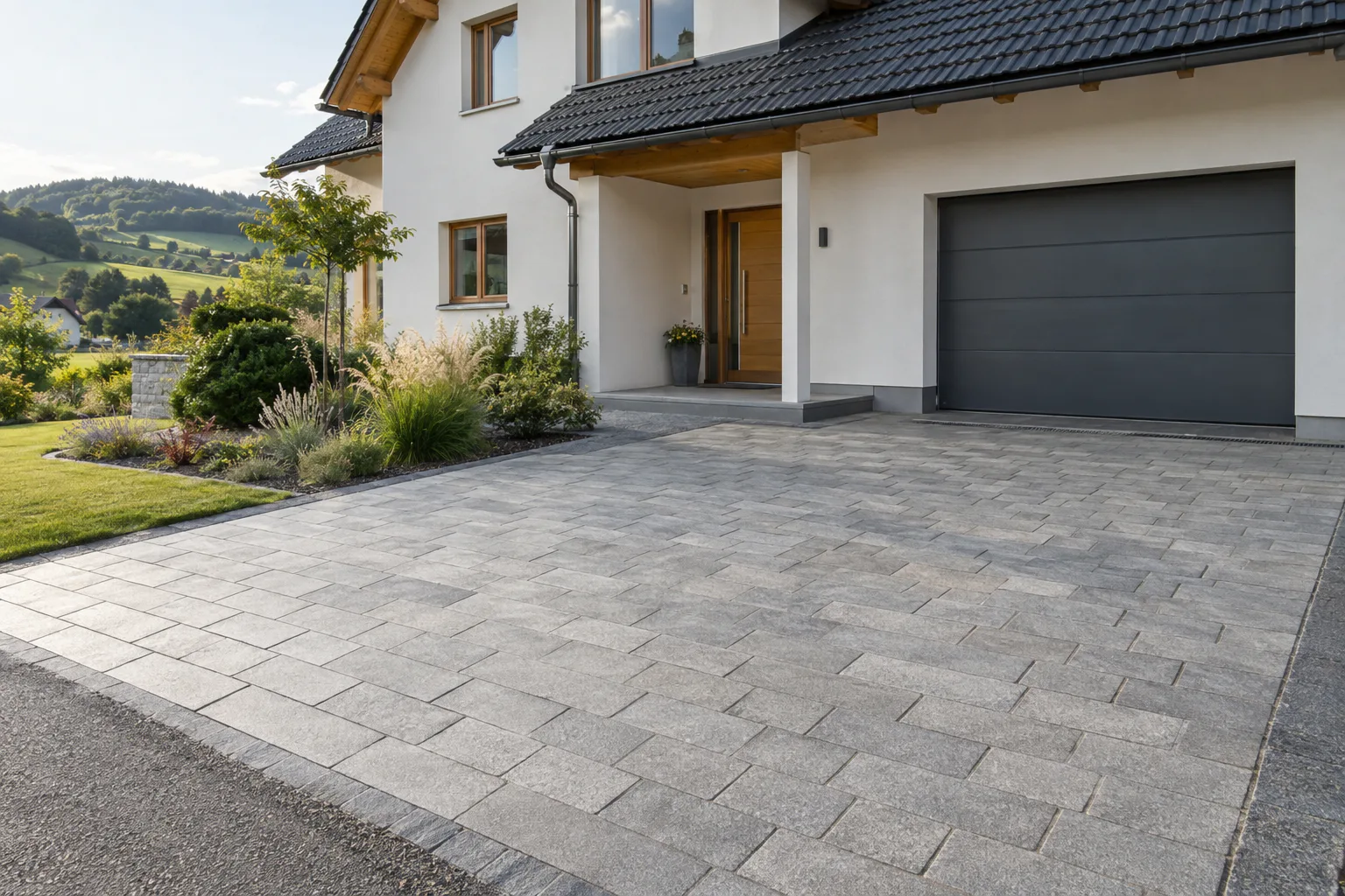 Gepflasterte Einfahrt eines Einfamilienhauses
