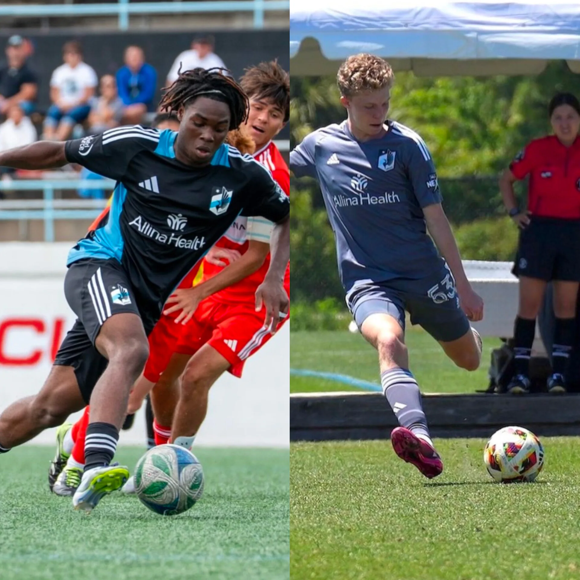 Two club soccer players competing in separate match photographs.