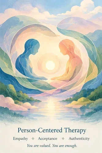 Illustration of two figures facing one another, surrounded by softly coloured forms and a warm central light.