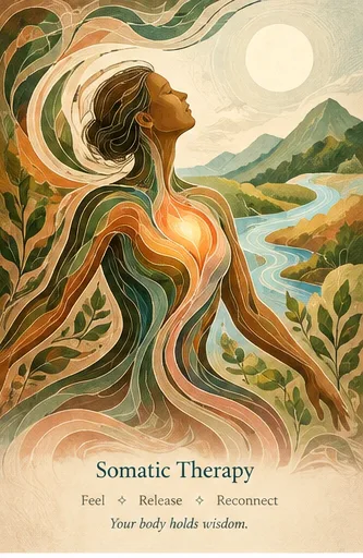 Flowing earth-toned illustration connecting a human form with a winding river and landscape.