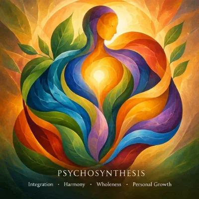 Colourful flowing shapes forming a human figure around a central light.