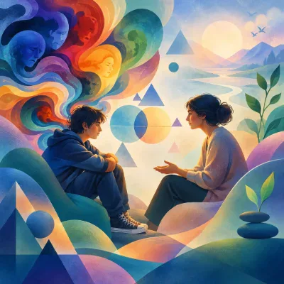 Colourful illustration of a young person talking with a supportive adult.
