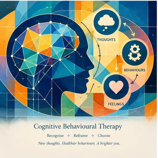 Colourful illustration representing the connections between thoughts, emotions and behaviour.