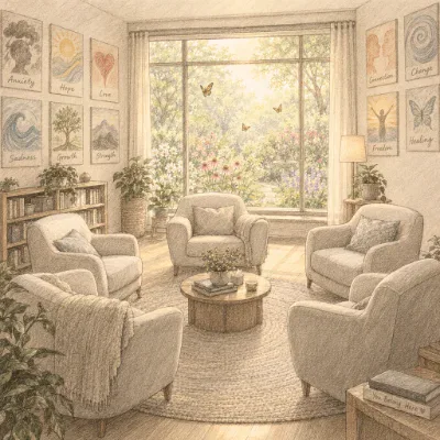 Illustration of a sunlit room with cushioned armchairs, plants and a garden view.