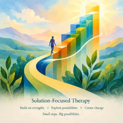 Illustration of a person moving along a bright, rising path.