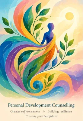 Colourful illustration of a figure surrounded by flowing shapes and growing plants.