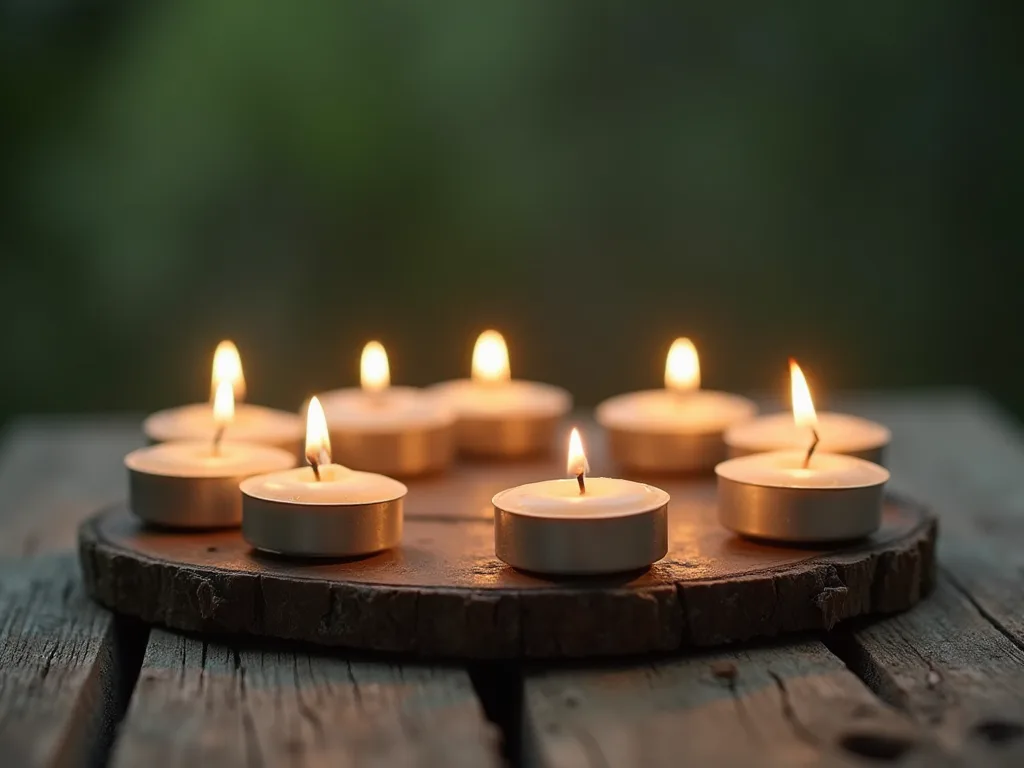 Candles gathered in a circle on weathered wood — Meditations