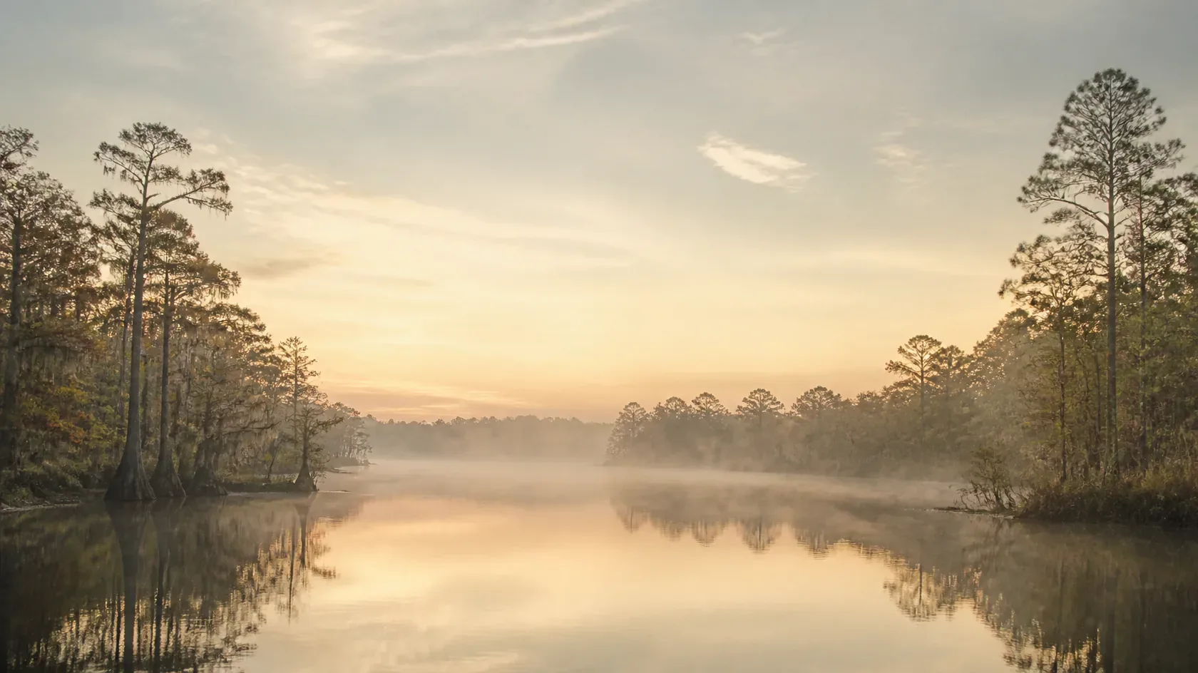 Morning mist over a still Southern river, cypress and pines reflected in the water.