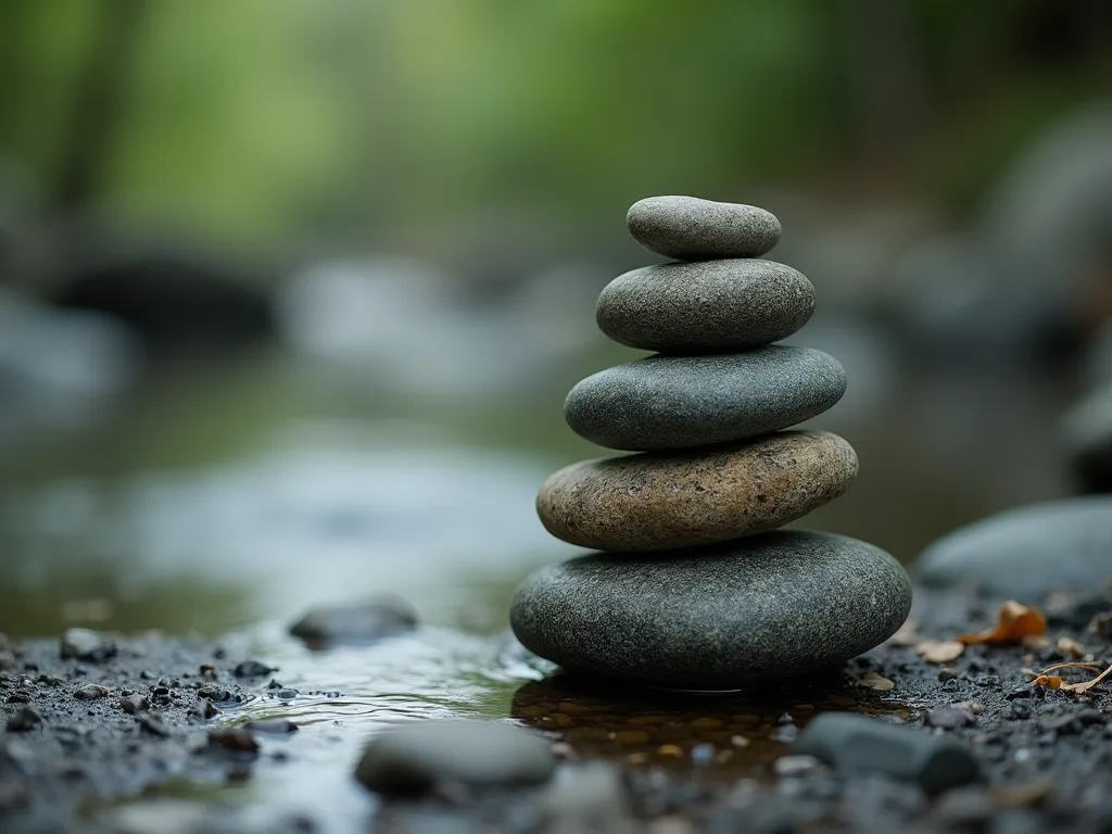 River stones stacked in balance beside water — Movement
