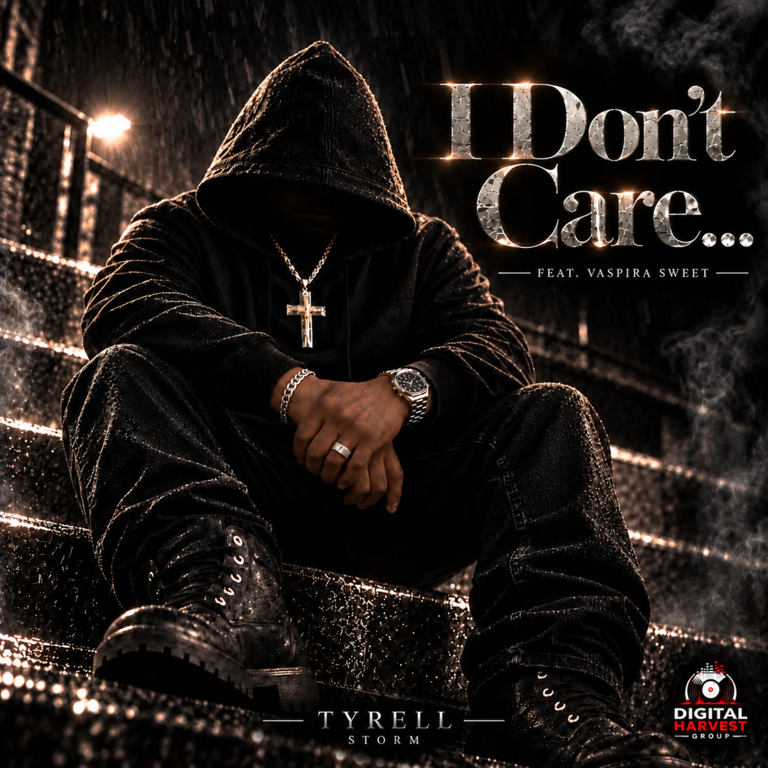 Official album cover for “I Don’t Care…” by Tyrell Storm featuring Vaspira Sweet — hooded figure seated on rain-soaked steps at night, chrome metallic title lettering and Digital Harvest Group logo