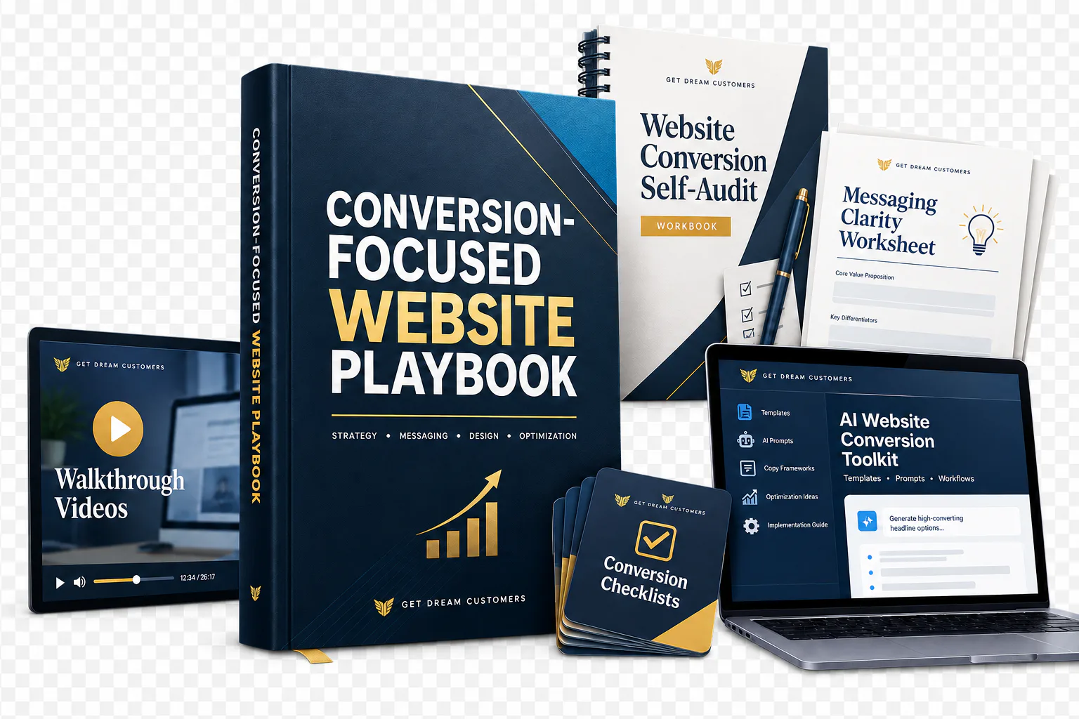 The Conversion-Focused Website Playbook bundle mockup: the main playbook with the self-audit workbook, messaging worksheet, conversion checklists, walkthrough videos and the AI Website Conversion Toolkit.