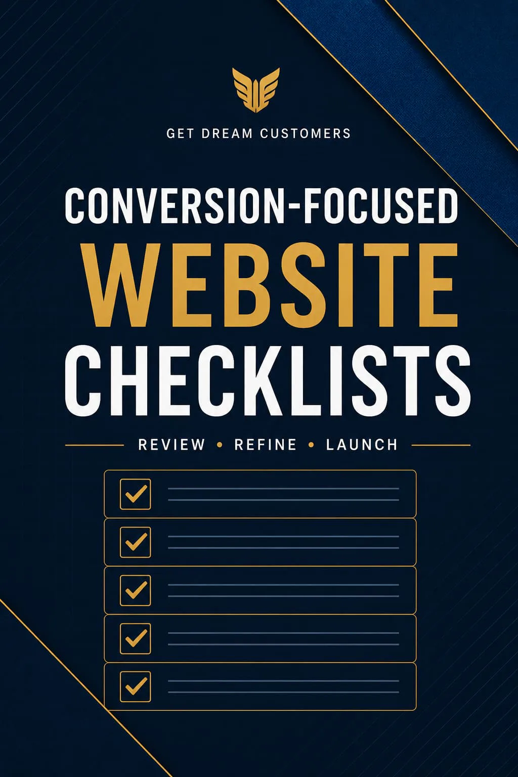 Conversion-Focused Website Checklists cover: “Conversion-Focused Website Checklists — Review, Refine, Launch”, with completed checklist rows.