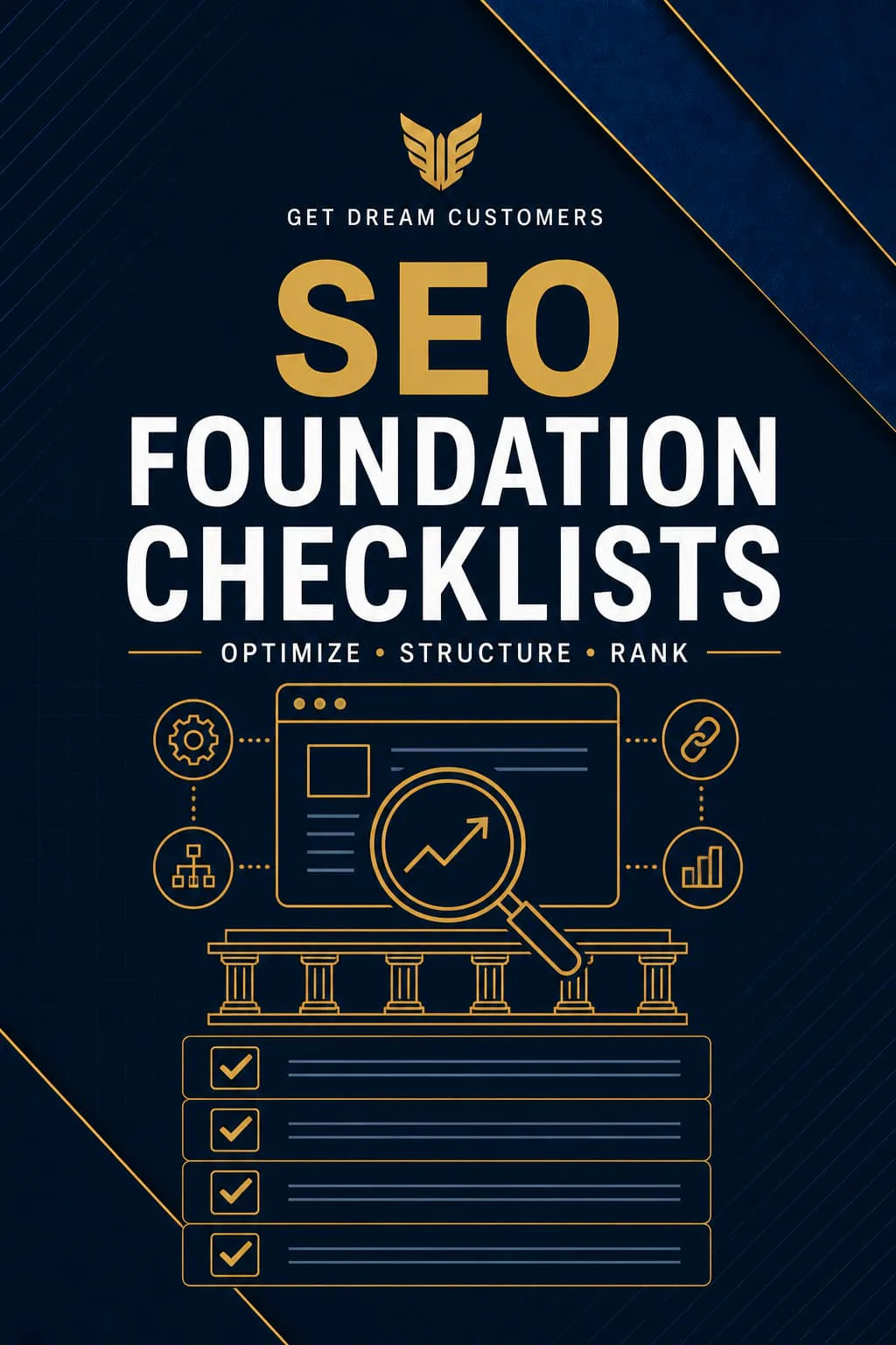 SEO Foundation Checklists cover: “SEO Foundation Checklists — Optimize, Structure, Rank”, with a browser window, magnifier and checklist rows.